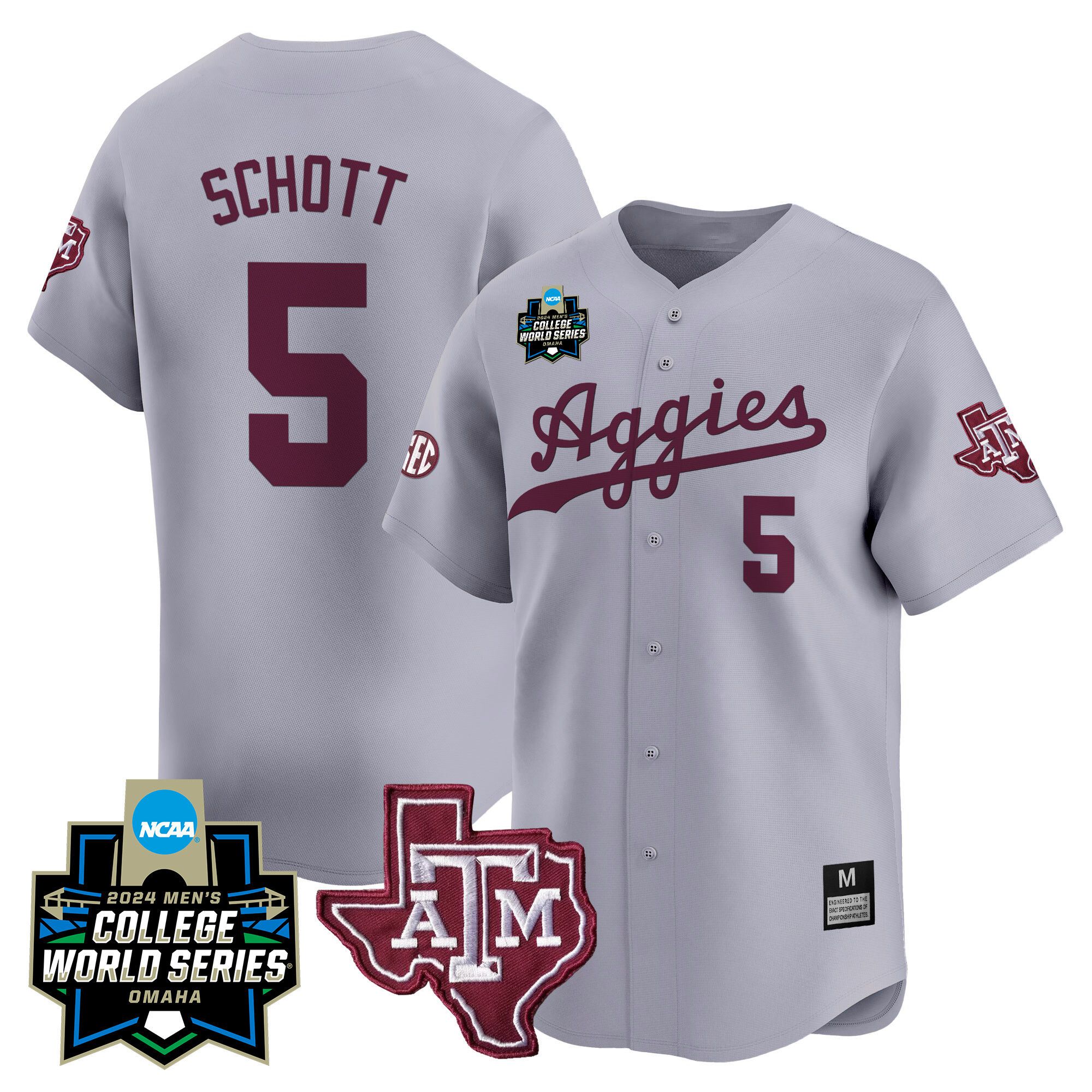 Men Texas A&M Aggies #5 Schott Grey 2024 College World Series Vapor Premier Limited NCAA Jersey